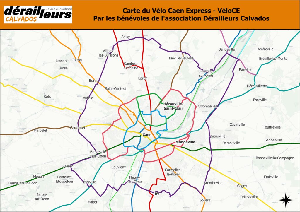 Carte de notre proposition de réseau express vélo autour de Caen