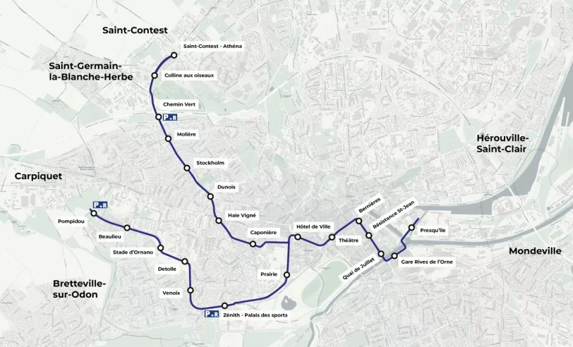 Plan des 2 nouvelles branches du tram caennais